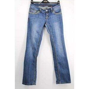 Live Hard Jeans Juniors Size 29 Dark Blue Flare Leg Mid Rise Rhinestones Denim